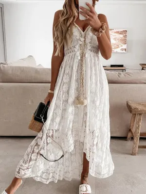 Sleeveless V-neck Tassel Ruching Dress