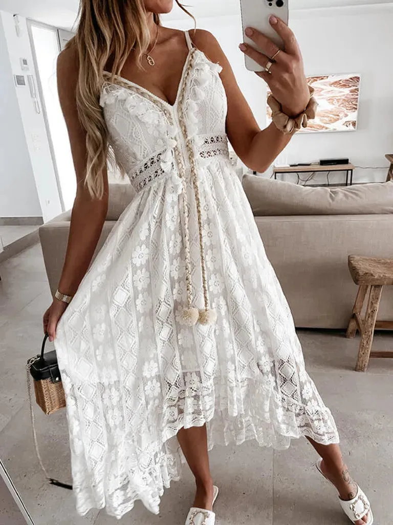 Sleeveless V-neck Tassel Ruching Dress