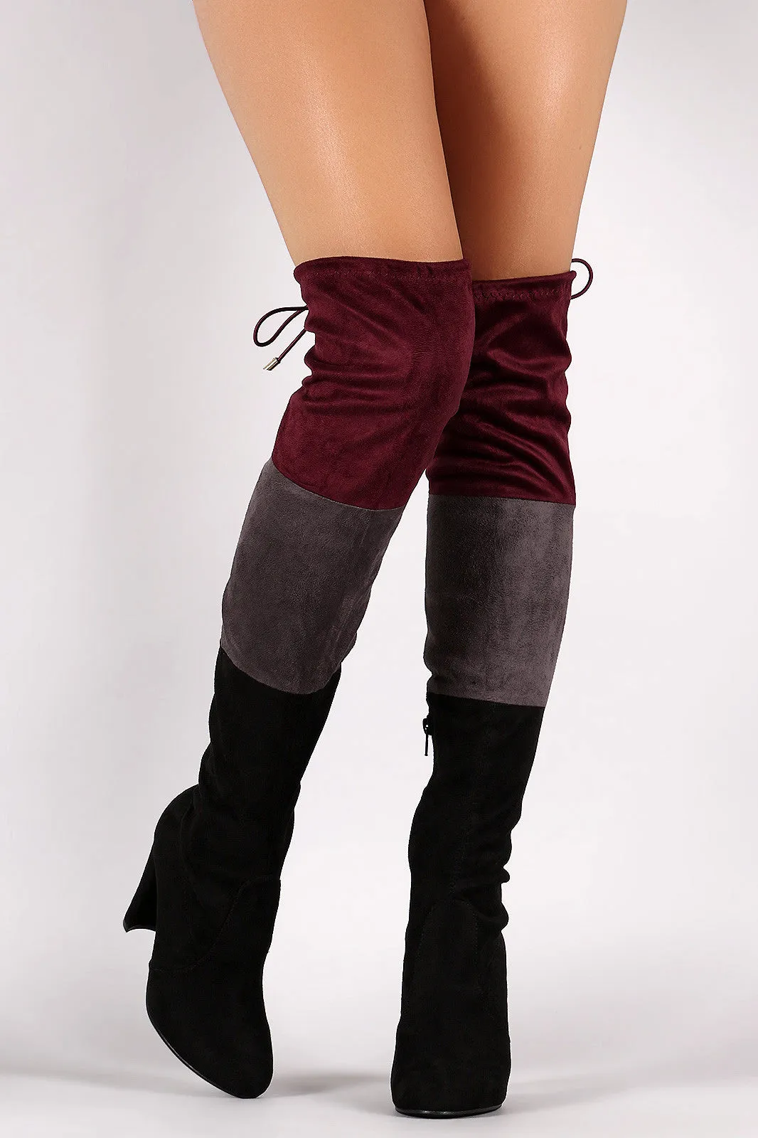 Suede Tri-color Over-The-Knee Chunky Heel Boots