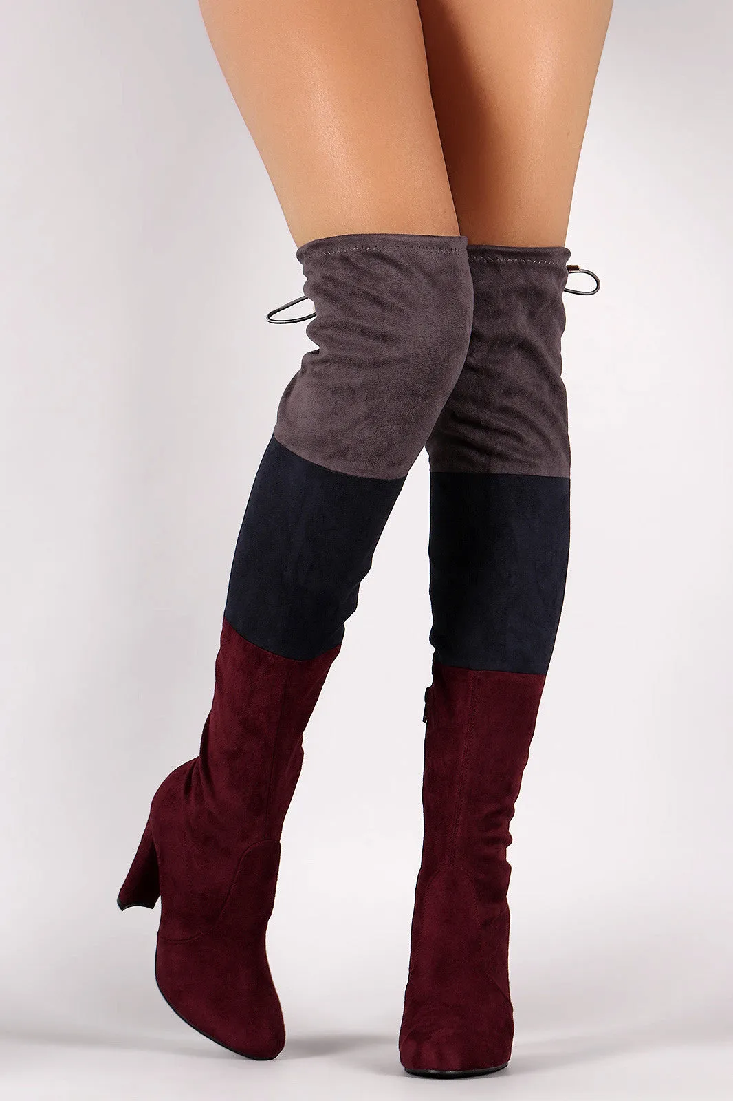 Suede Tri-color Over-The-Knee Chunky Heel Boots