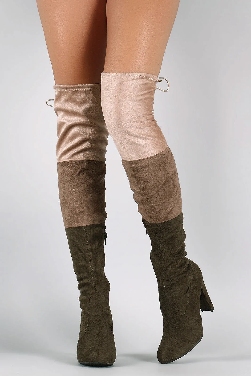 Suede Tri-color Over-The-Knee Chunky Heel Boots