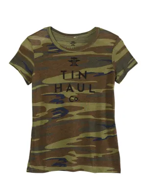 Tin Haul Womens Logo Screen Print Camo Cotton Blend S/S T-Shirt