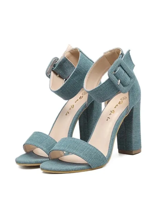 Trendy Denim Ankle Strap Block Heel Sandals