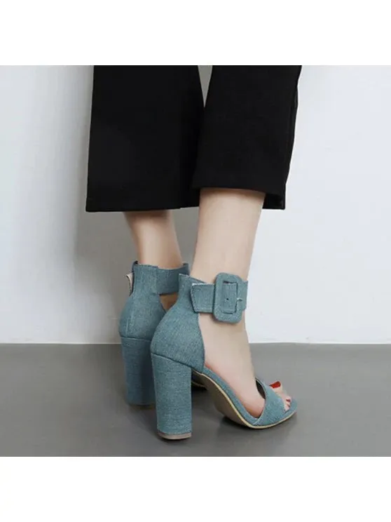 Trendy Denim Ankle Strap Block Heel Sandals