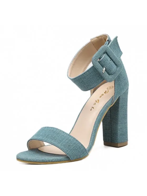 Trendy Denim Ankle Strap Block Heel Sandals