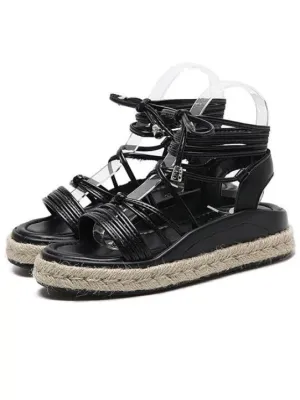 Trendy Tie Up Espadrilles Faux Leather Sandals