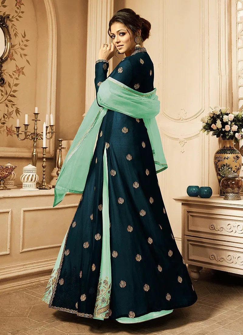 Turquoise And Sea Blue Embroidered Jacket Anarkali Suit