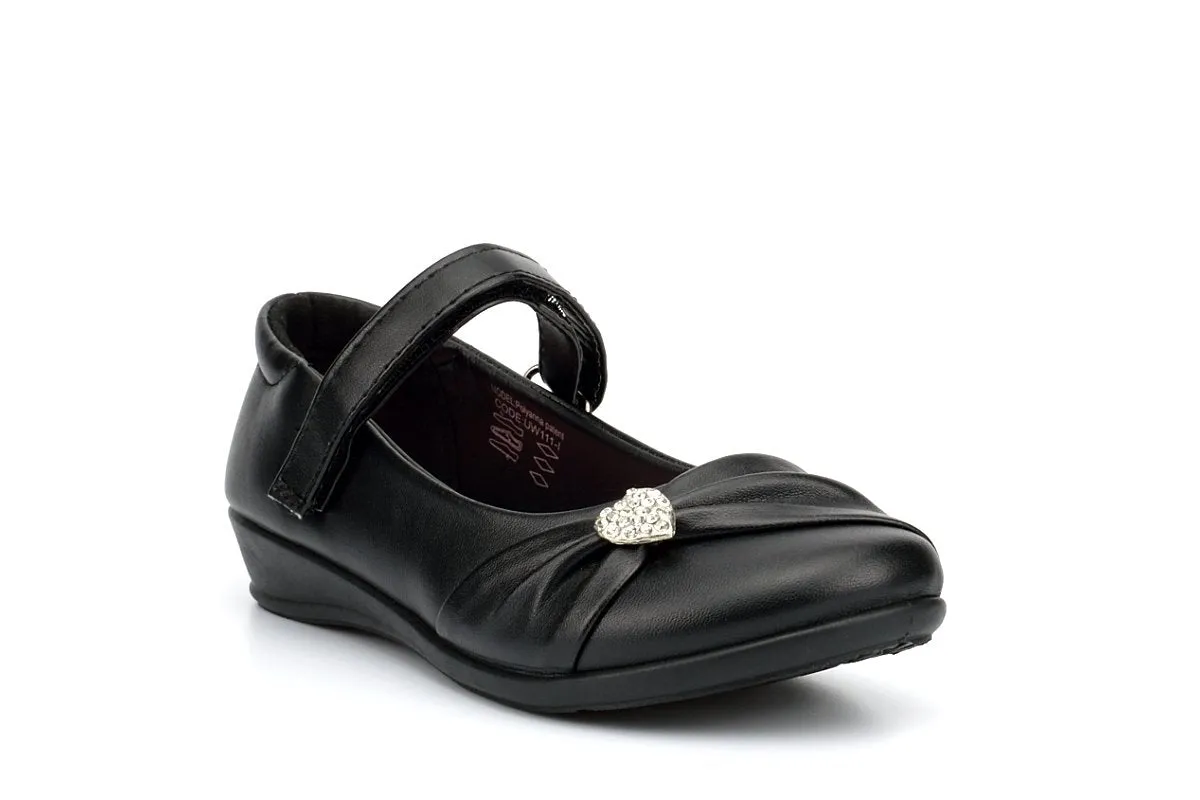 US Brass Girls Touch Fasten School Shoes With Diamante Heart Detail