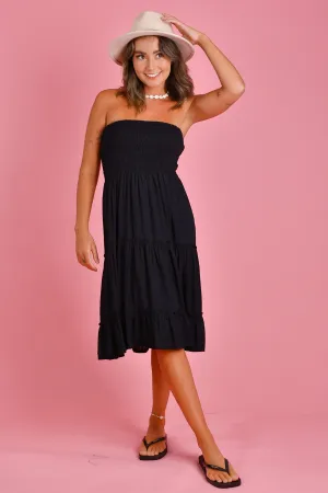 VGLD218 - 3/4 TIERED ROUCHED DRESS - BLACK