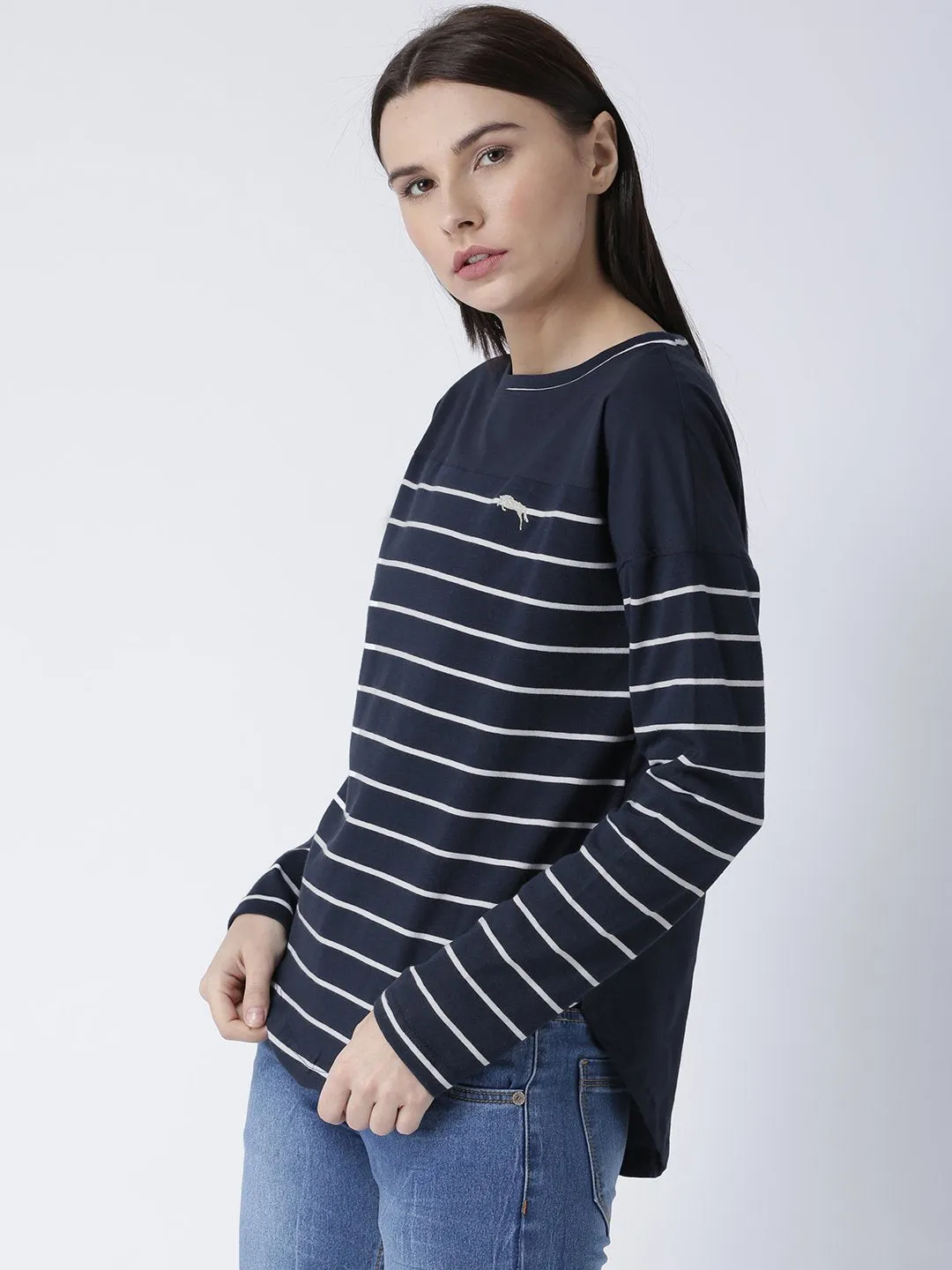 Women Round Neck Navy Blue T-shirt