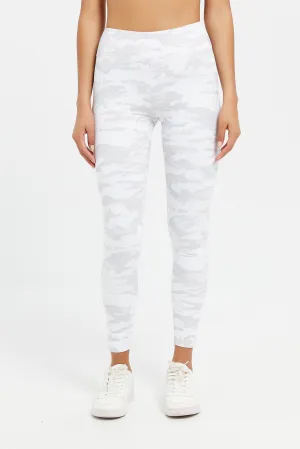 Women White Printed Active Legging