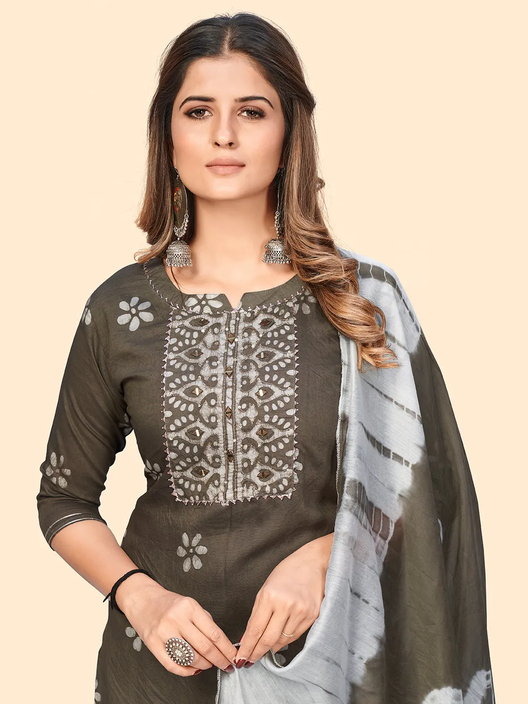 Women'S Batik Print & Mirror Straight Chanderi Grey Stitched Kurta With Dupatta