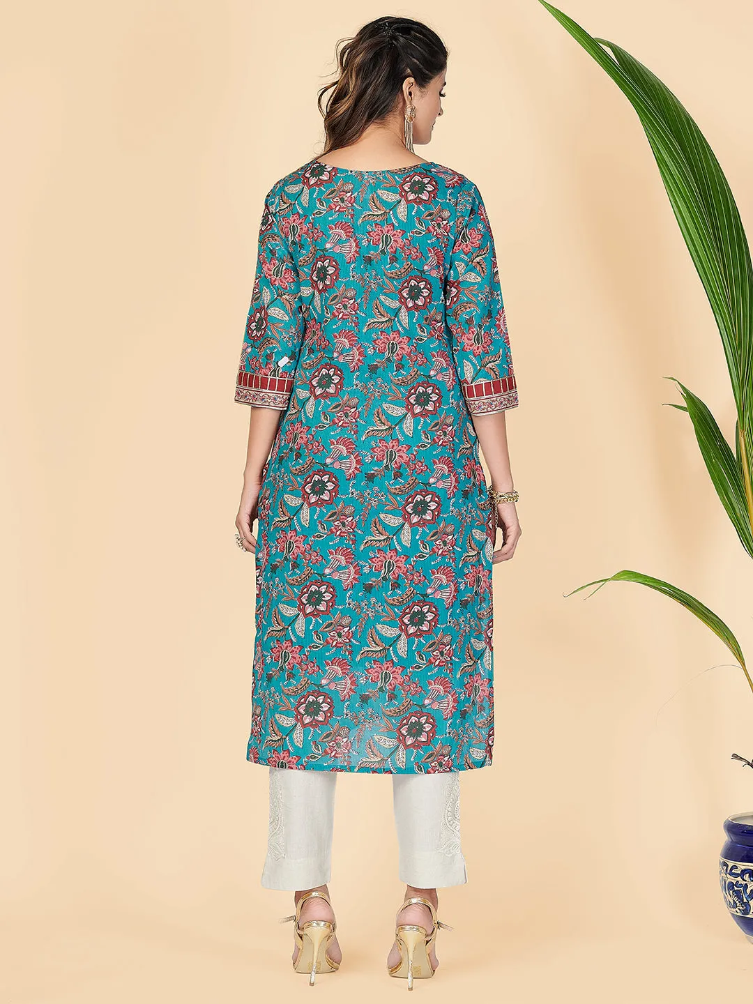 Women'S Floral Print & Gota Patti Straight Cotton Teal Stitched Kurta