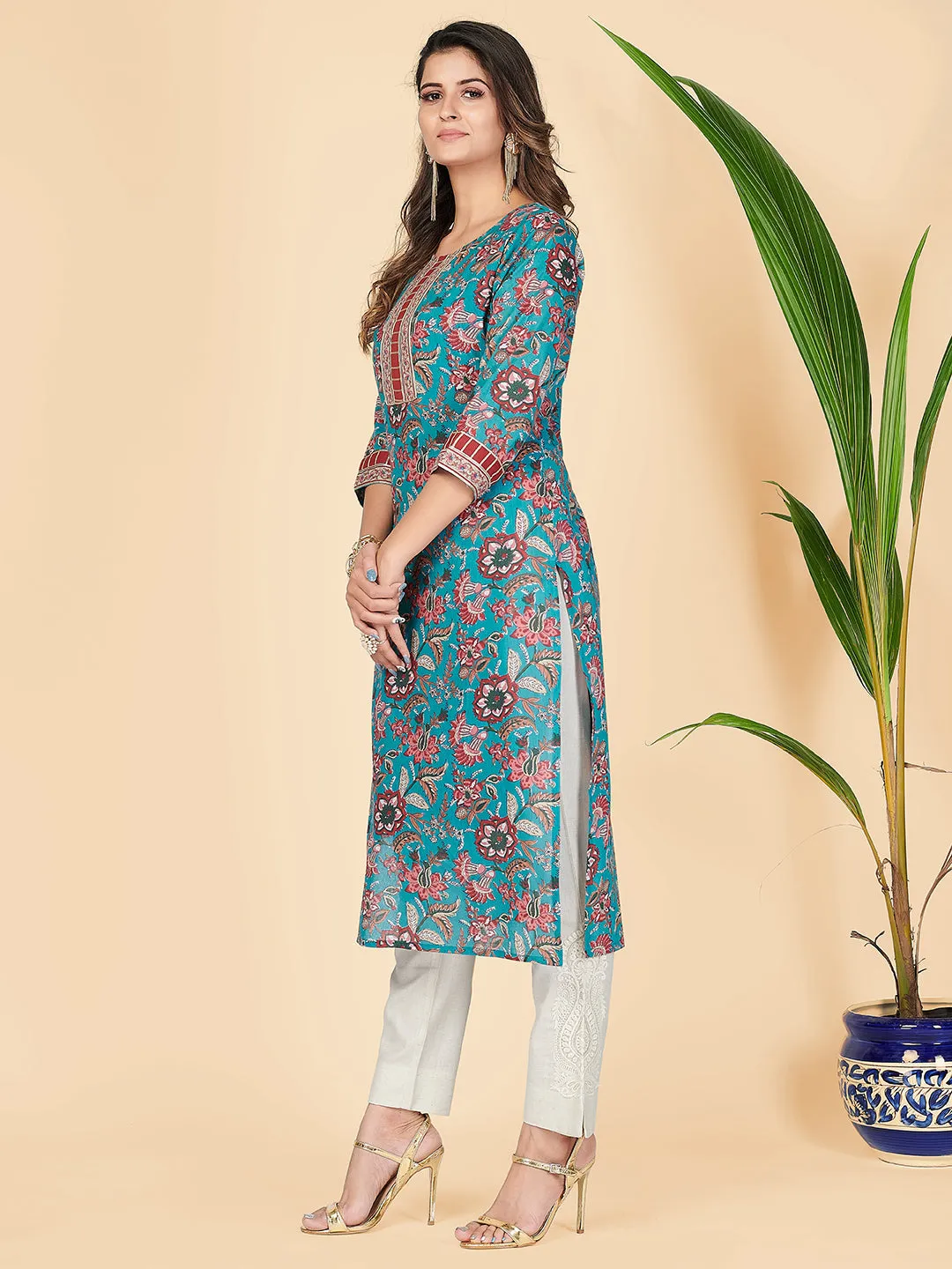 Women'S Floral Print & Gota Patti Straight Cotton Teal Stitched Kurta