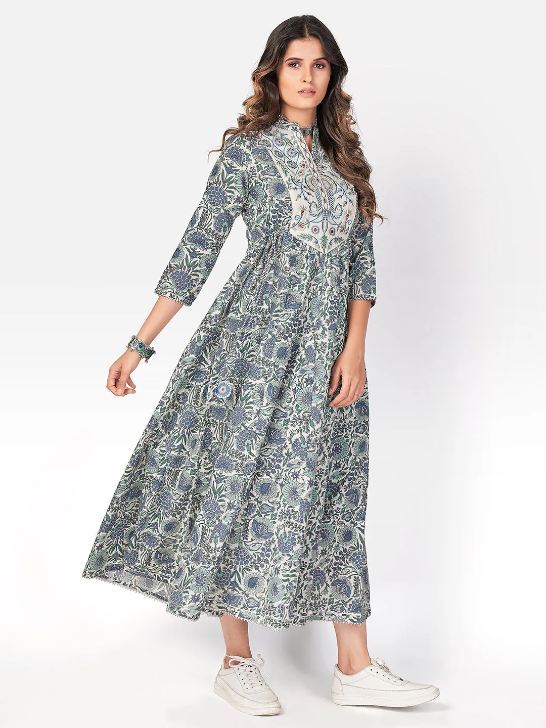 Women'S Printed & Embroidered Anarkali Cotton Light Teal Kurta