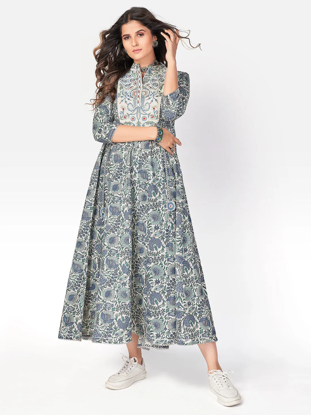 Women'S Printed & Embroidered Anarkali Cotton Light Teal Kurta